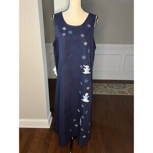 Fashion Classics Embroidered Snowman Christmas Maxi Dress Sz Large Navy Blue